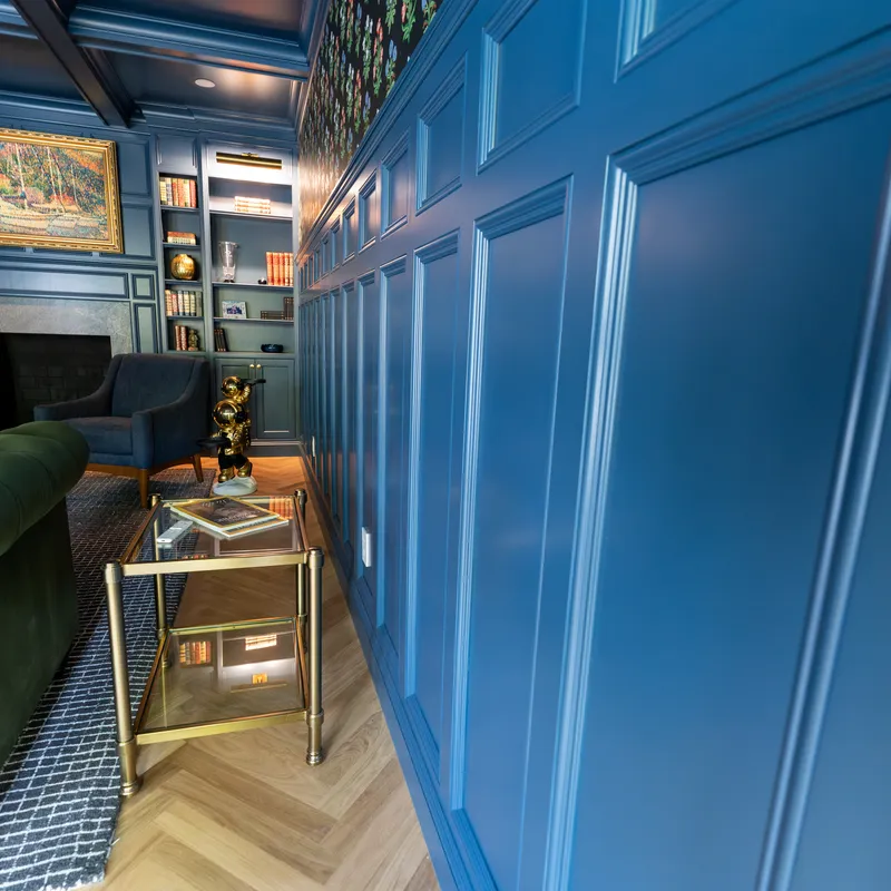 Blue bloom media wall cabinetry finish, Columbus, OH area