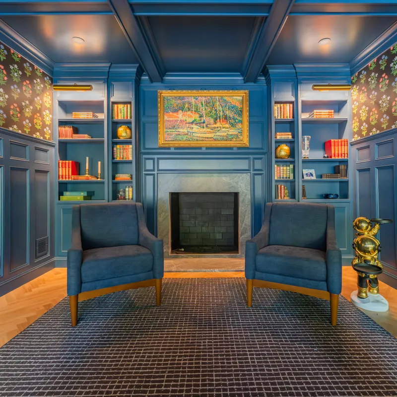 Custom blue entertainment center open shelving, Columbus, OH area