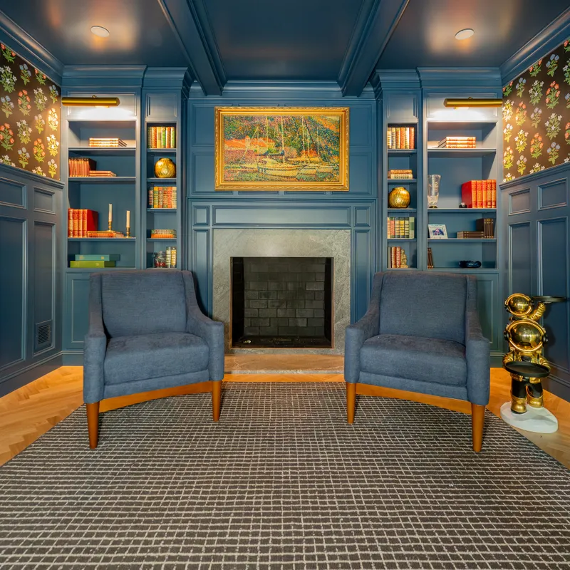 Blue bloom built-in entertainment cabinetry detail, Columbus, OH area