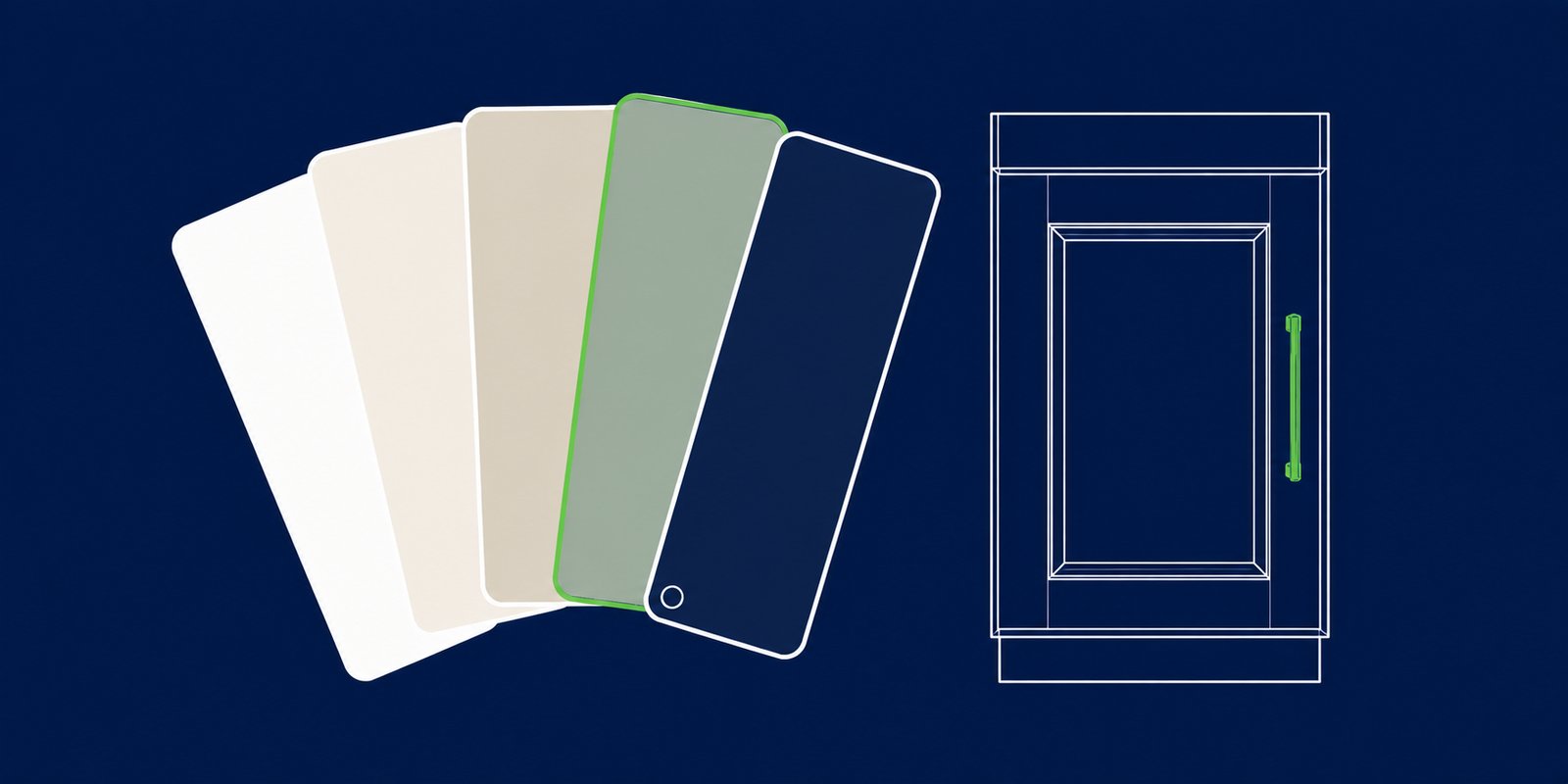Color swatches arranged near custom cabinet samples showing painted finish options