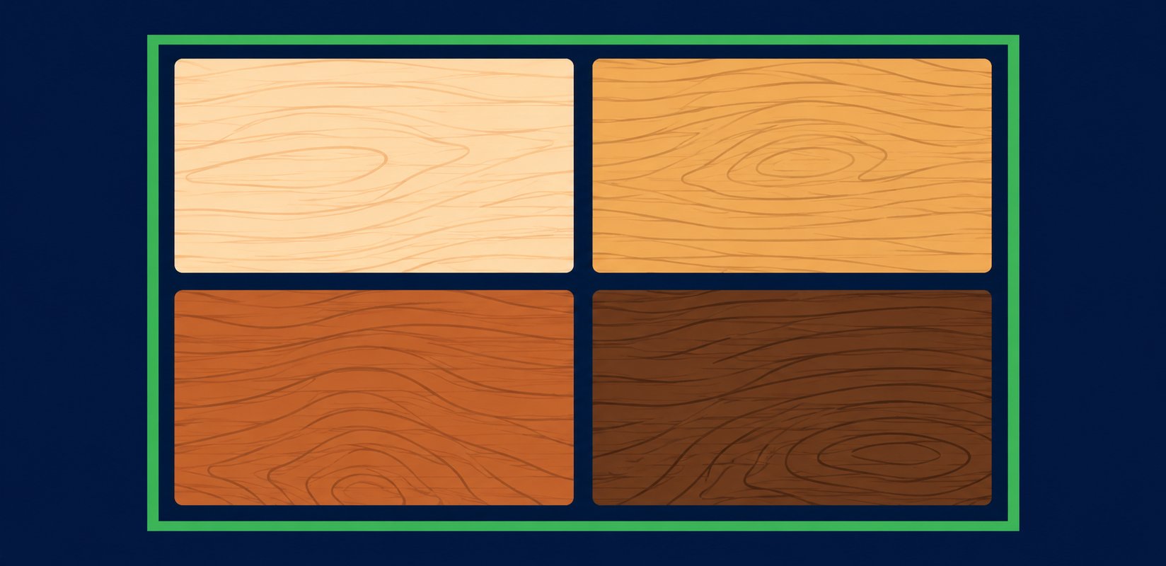 Cabinet wood samples showing maple, oak, cherry, and walnut grain patterns