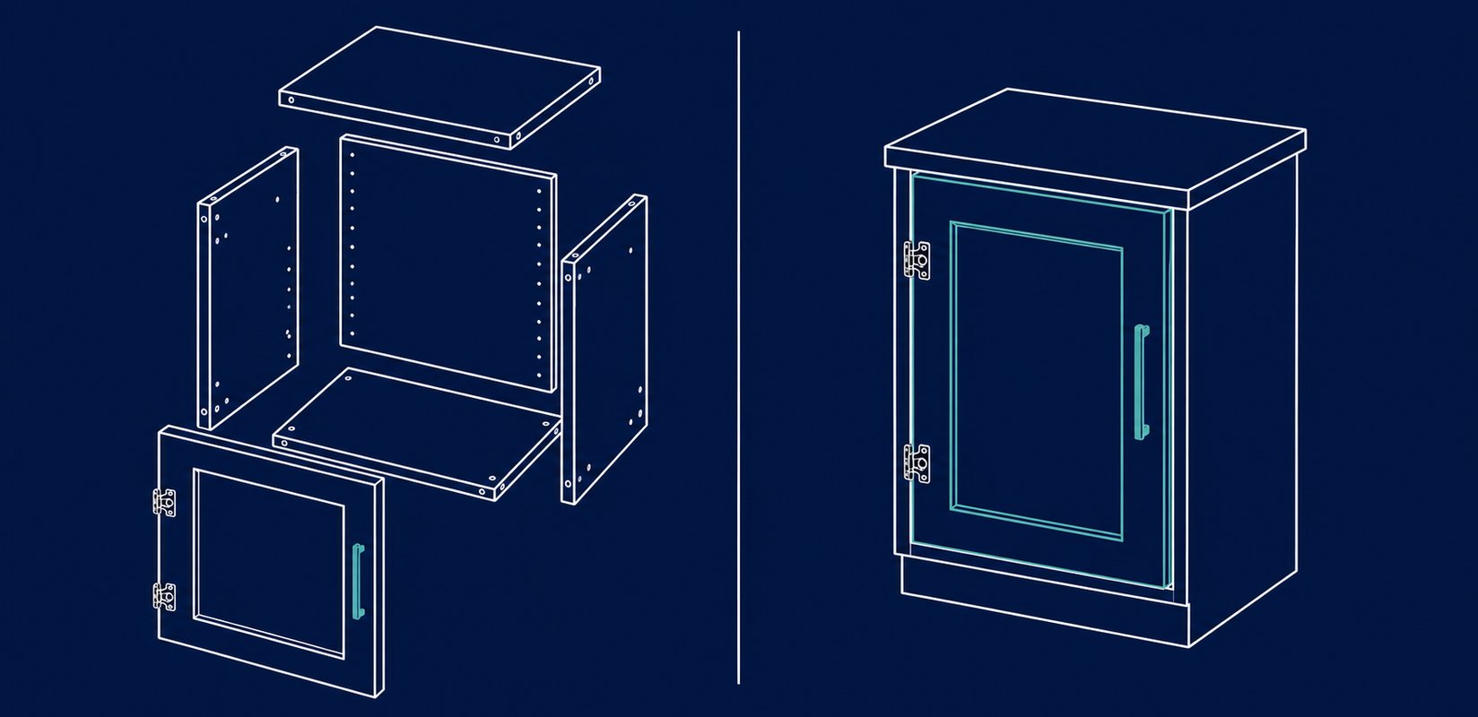 Split view comparing IKEA-style flat-pack cabinet with custom built cabinetry
