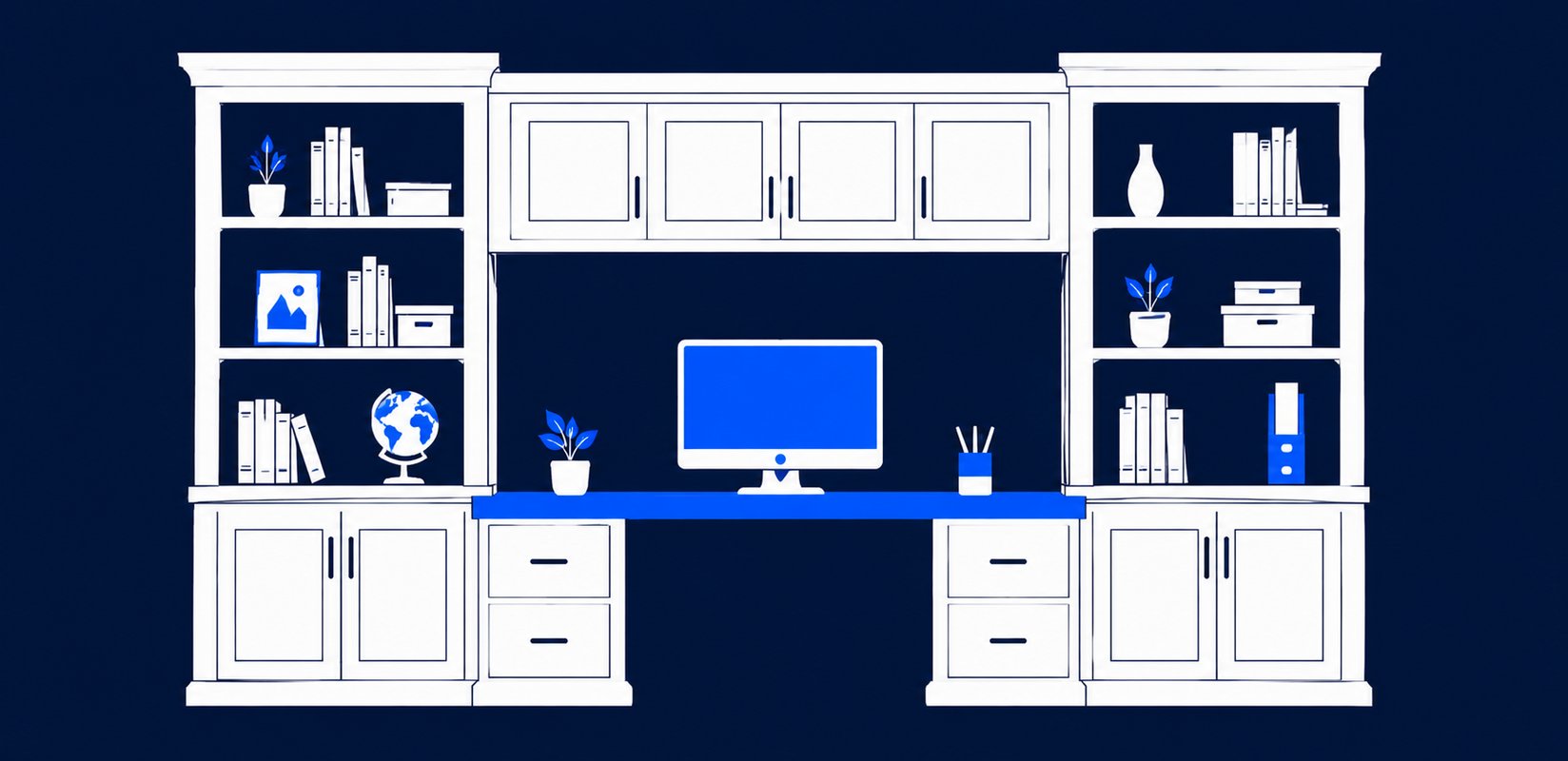 Custom built-in home office cabinetry with desk, shelving, and storage