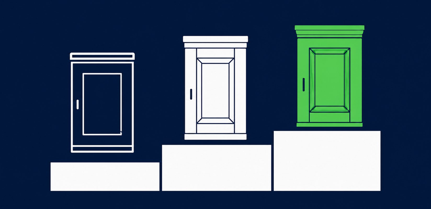 Three cabinet samples side by side showing different construction quality levels