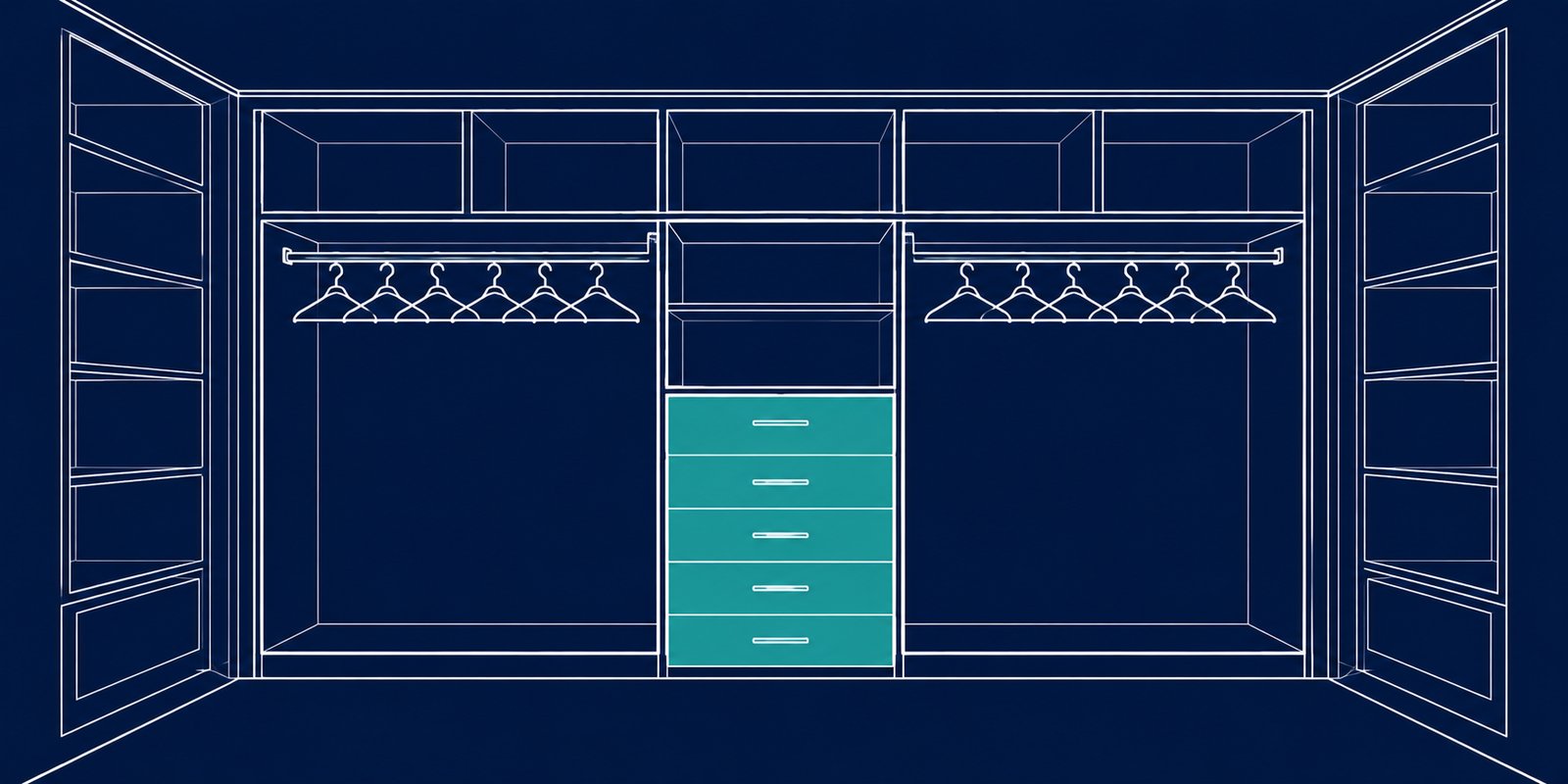 Custom walk-in closet with built-in cabinetry, drawer towers, and organized hanging sections