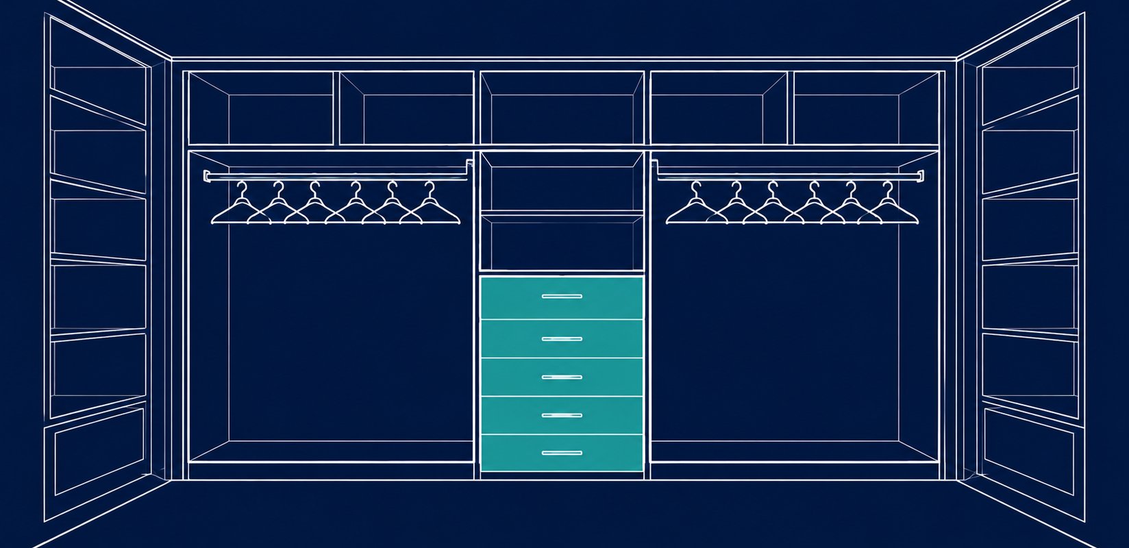 Custom walk-in closet with built-in cabinetry, drawer towers, and organized hanging sections