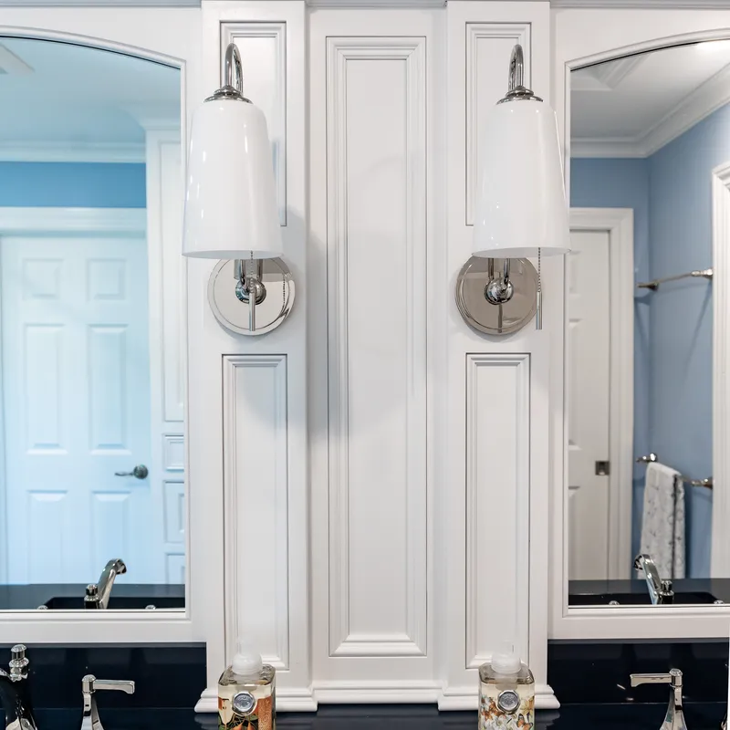 Glass and white bathroom cabinetry finish, Columbus, OH area