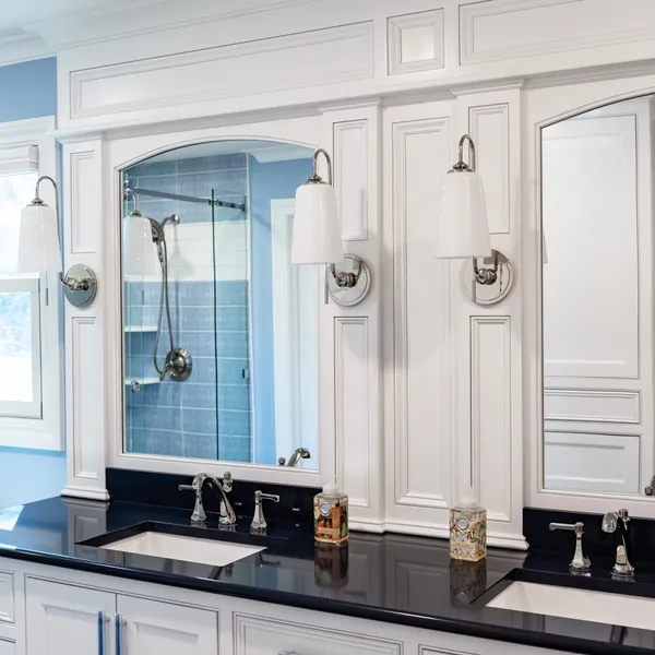 Custom glass and white bathroom vanity and cabinetry, Columbus, OH area