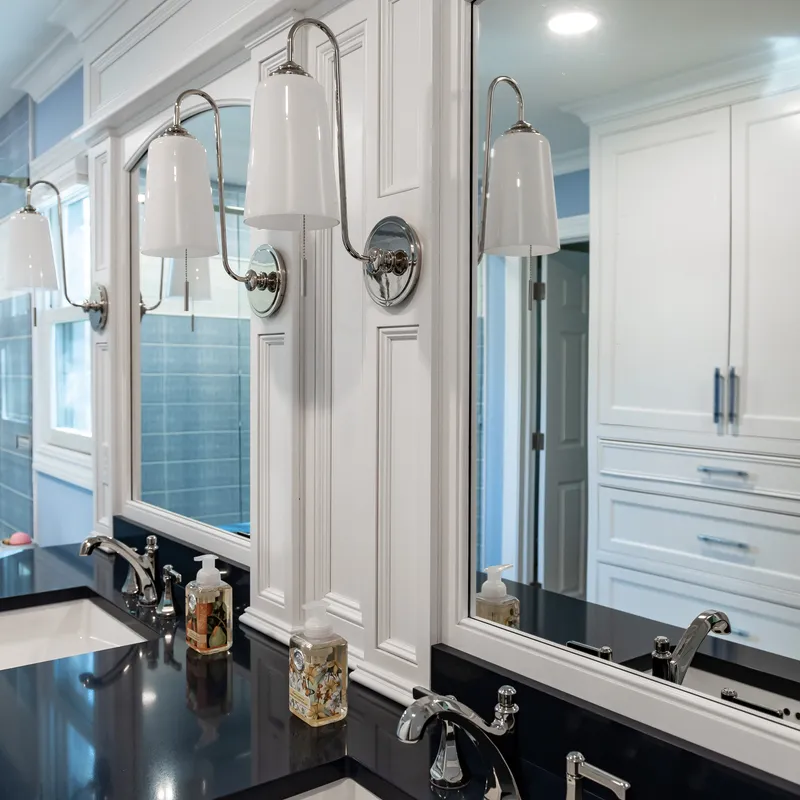 Custom glass and white bathroom vanity, Columbus, OH area