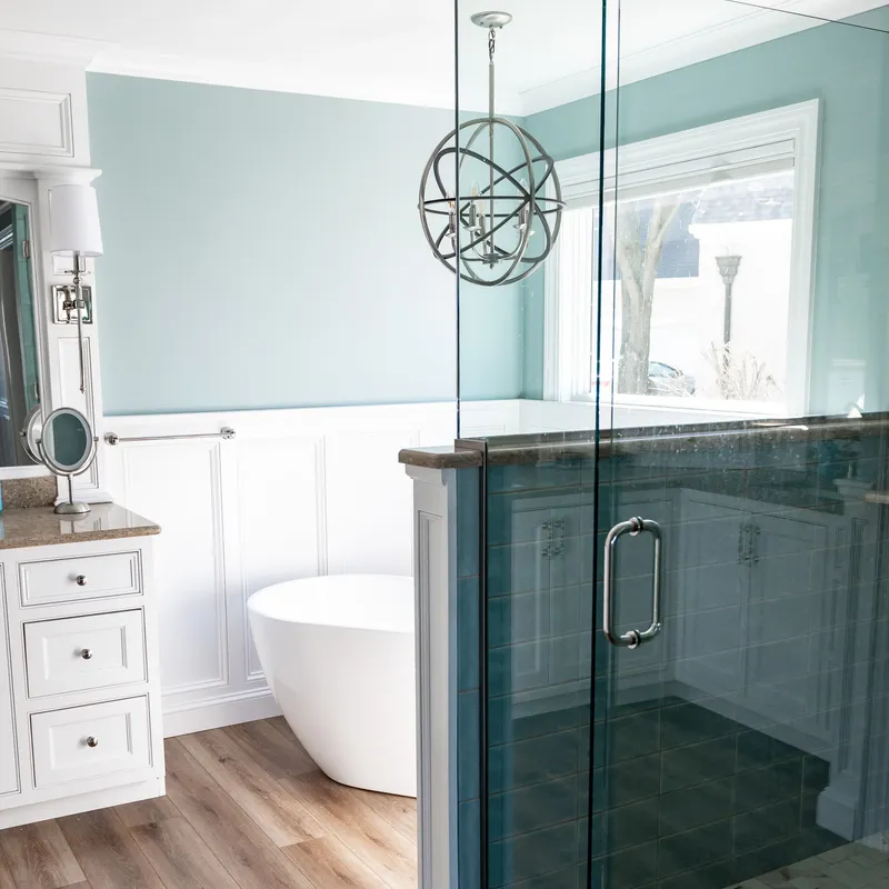 Finished aqua bathroom renovation, Columbus, OH area