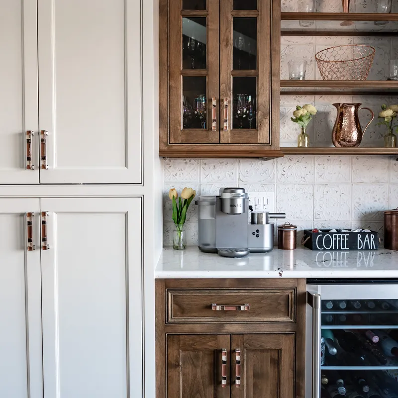 Kitchen cabinetry detail, copper and cream, Columbus, OH area