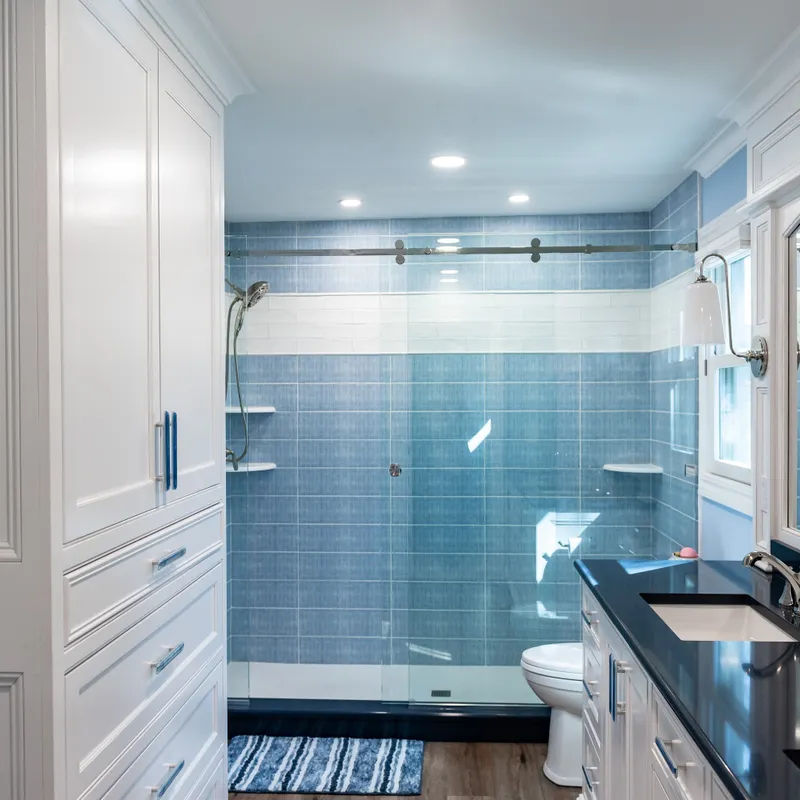 Bathroom glass cabinet doors and white cabinetry, Columbus, OH area