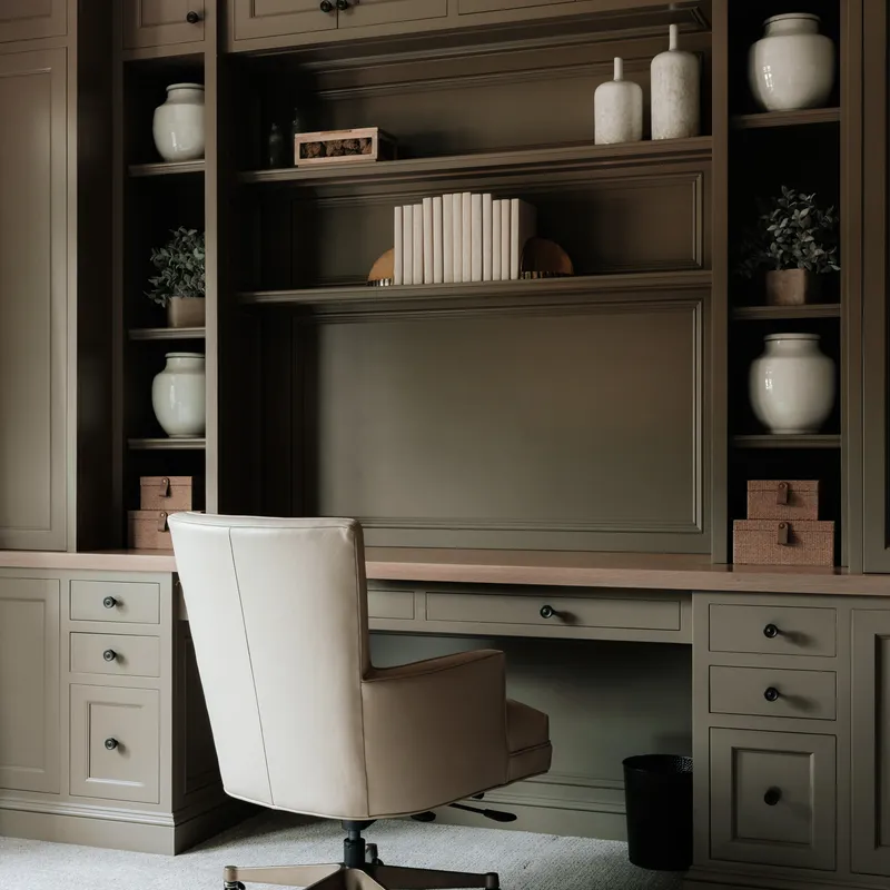 Custom greige home office built-ins, Columbus, OH area