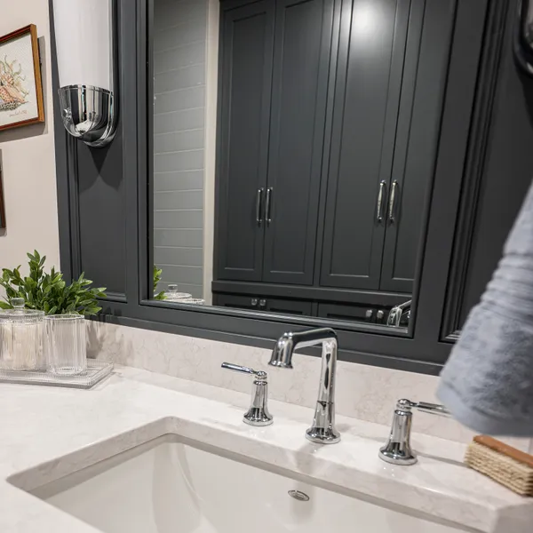 Custom coastal gray bathroom vanity and cabinetry, Columbus, OH area