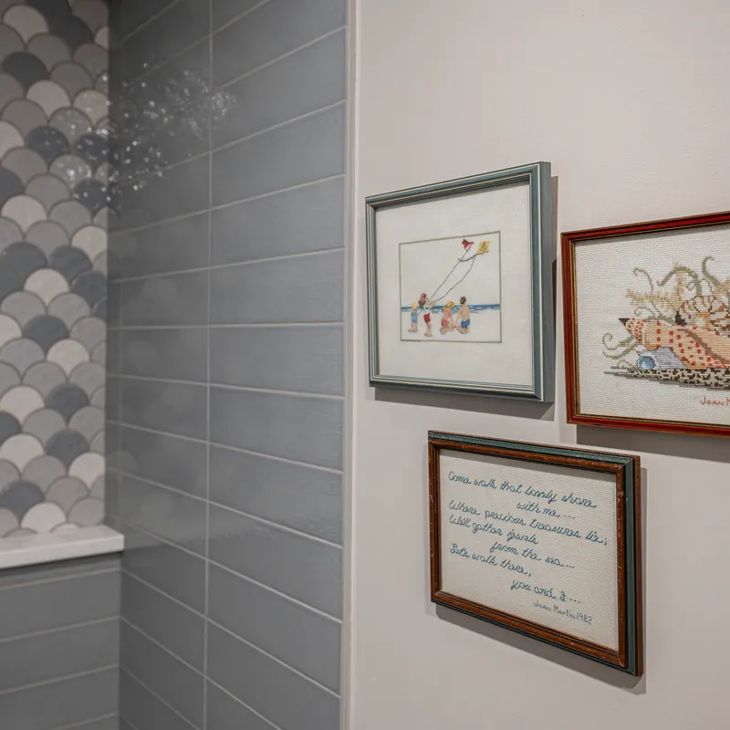 Custom coastal gray bathroom built-ins, Columbus, OH area