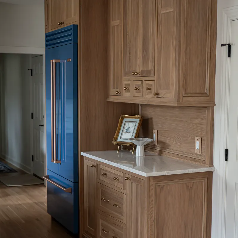 Blue kitchen cabinetry with copper accents, Columbus, OH area