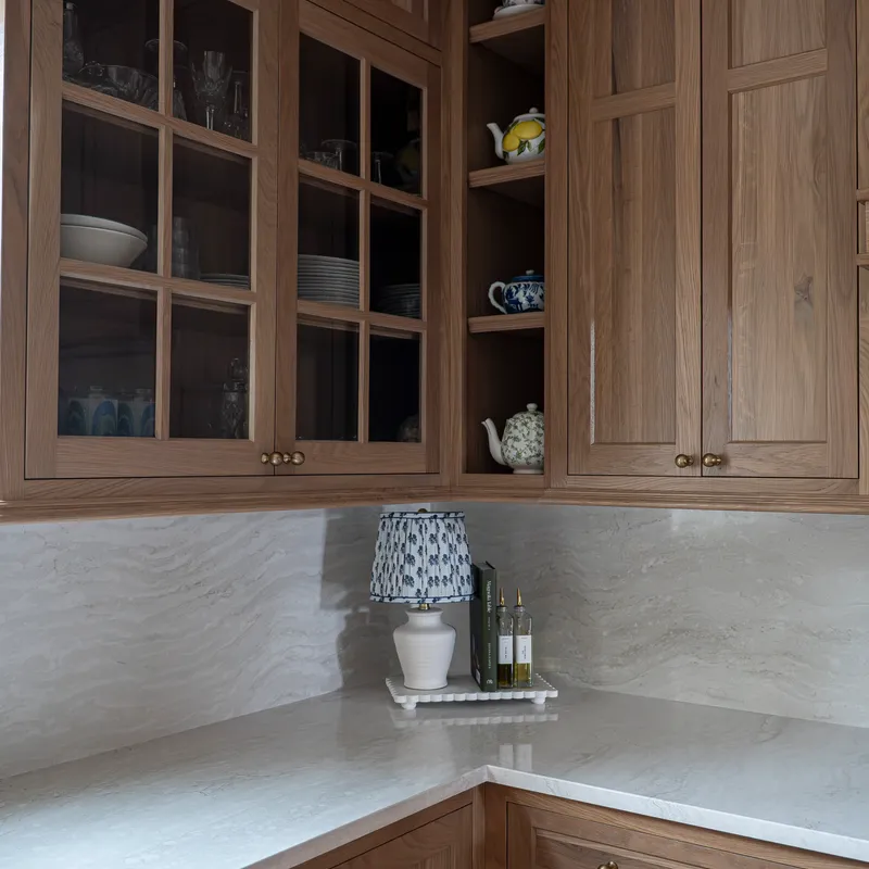 Kitchen cabinetry detail, blue and copper finish, Columbus, OH area
