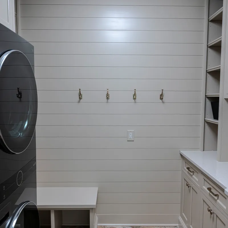 Custom linen and shiplap laundry room cabinetry, Powell, OH