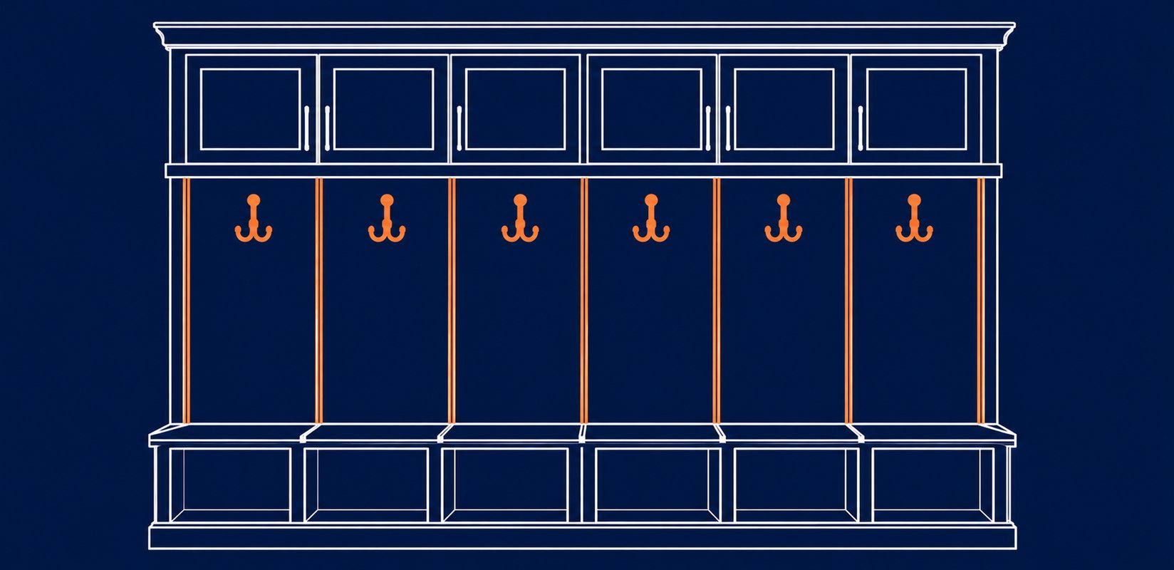 Custom mudroom built-in with bench, cubbies, hooks, and upper cabinet storage