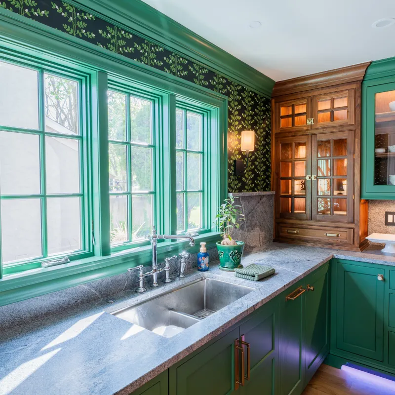 Custom sage and walnut kitchen cabinetry, Columbus, OH area