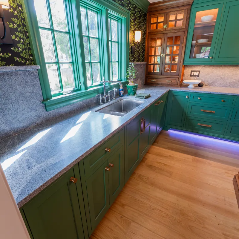 Sage and walnut kitchen cabinetry detail, Columbus, OH area