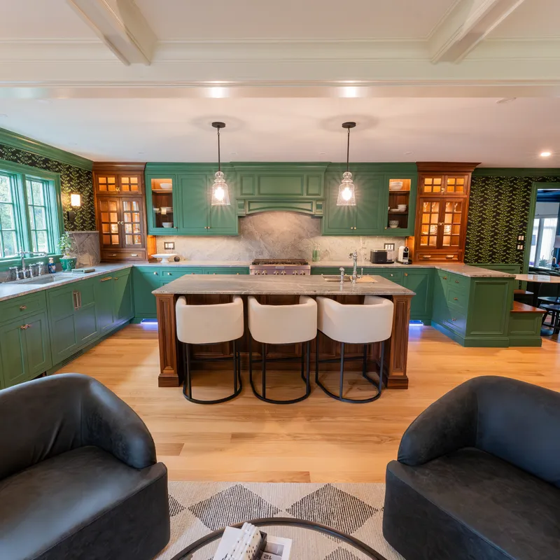 Sage and walnut kitchen island and storage, Columbus, OH area
