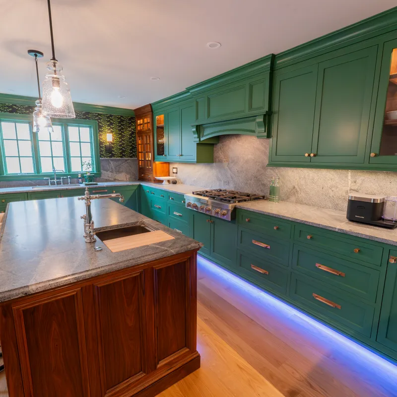 Custom kitchen cabinetry with sage and walnut finish, Columbus, OH area