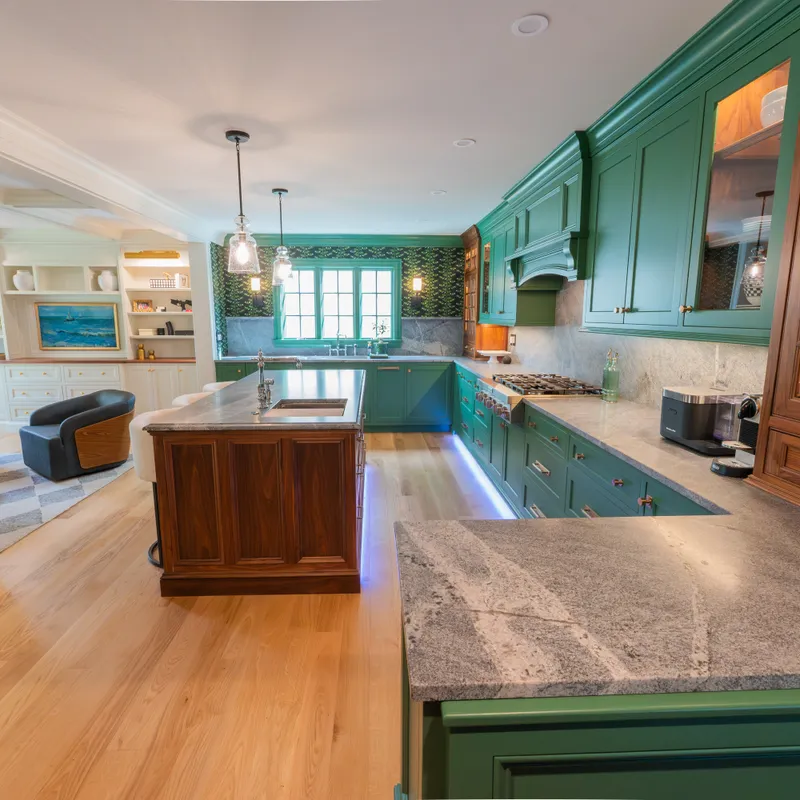 Kitchen millwork and trim in sage and walnut, Columbus, OH area