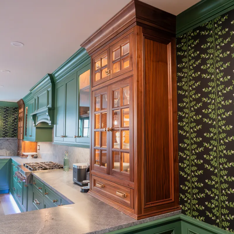 Sage and walnut kitchen cabinetry and countertops, Columbus, OH area