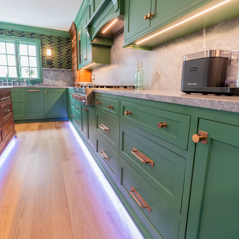 Custom kitchen storage and built-ins in sage and walnut, Columbus, OH area