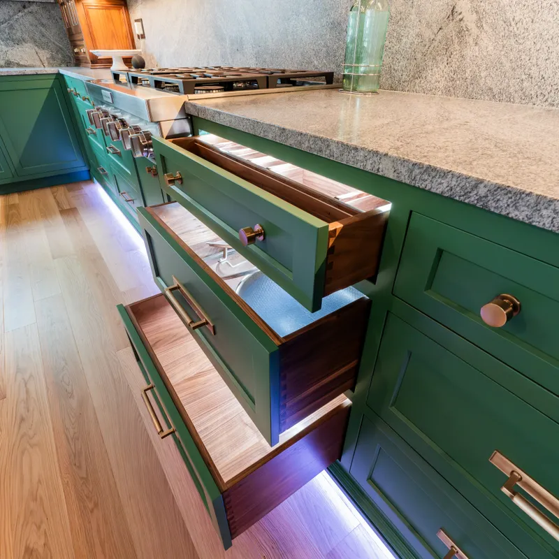 Kitchen cabinetry finish and detail in sage green, Columbus, OH area
