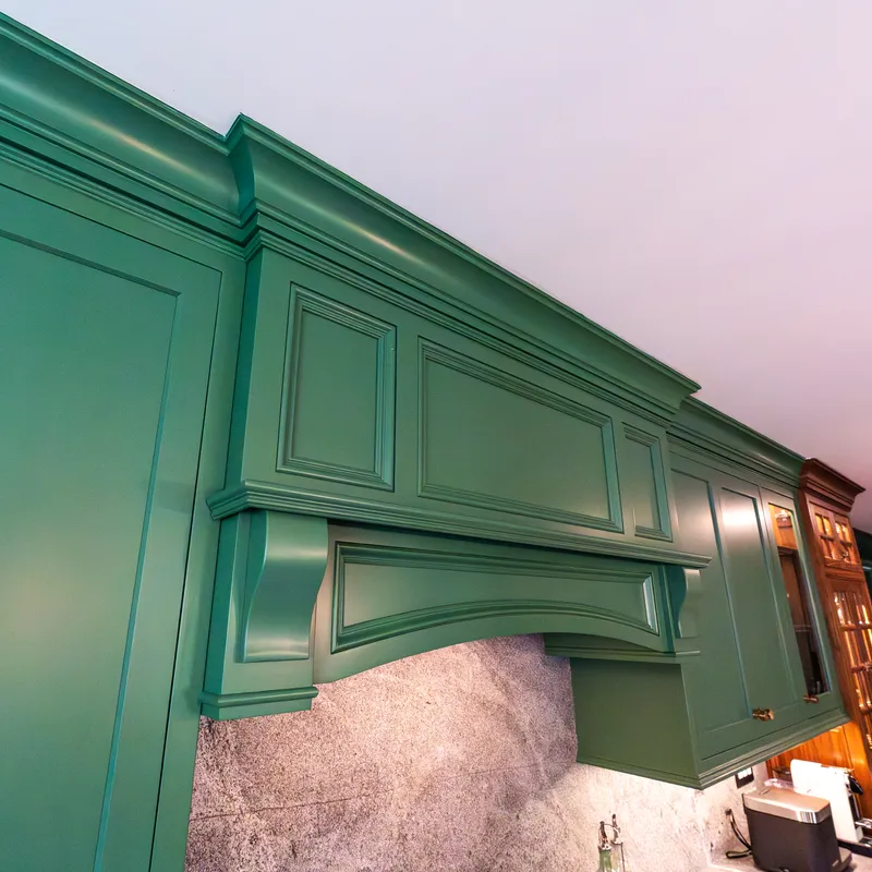 Sage and walnut kitchen open shelving and cabinetry, Columbus, OH area