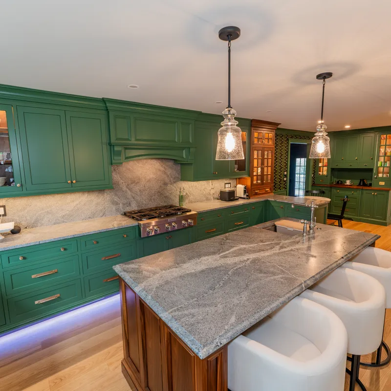 Sage and walnut kitchen cabinetry and hardware detail, Columbus, OH area