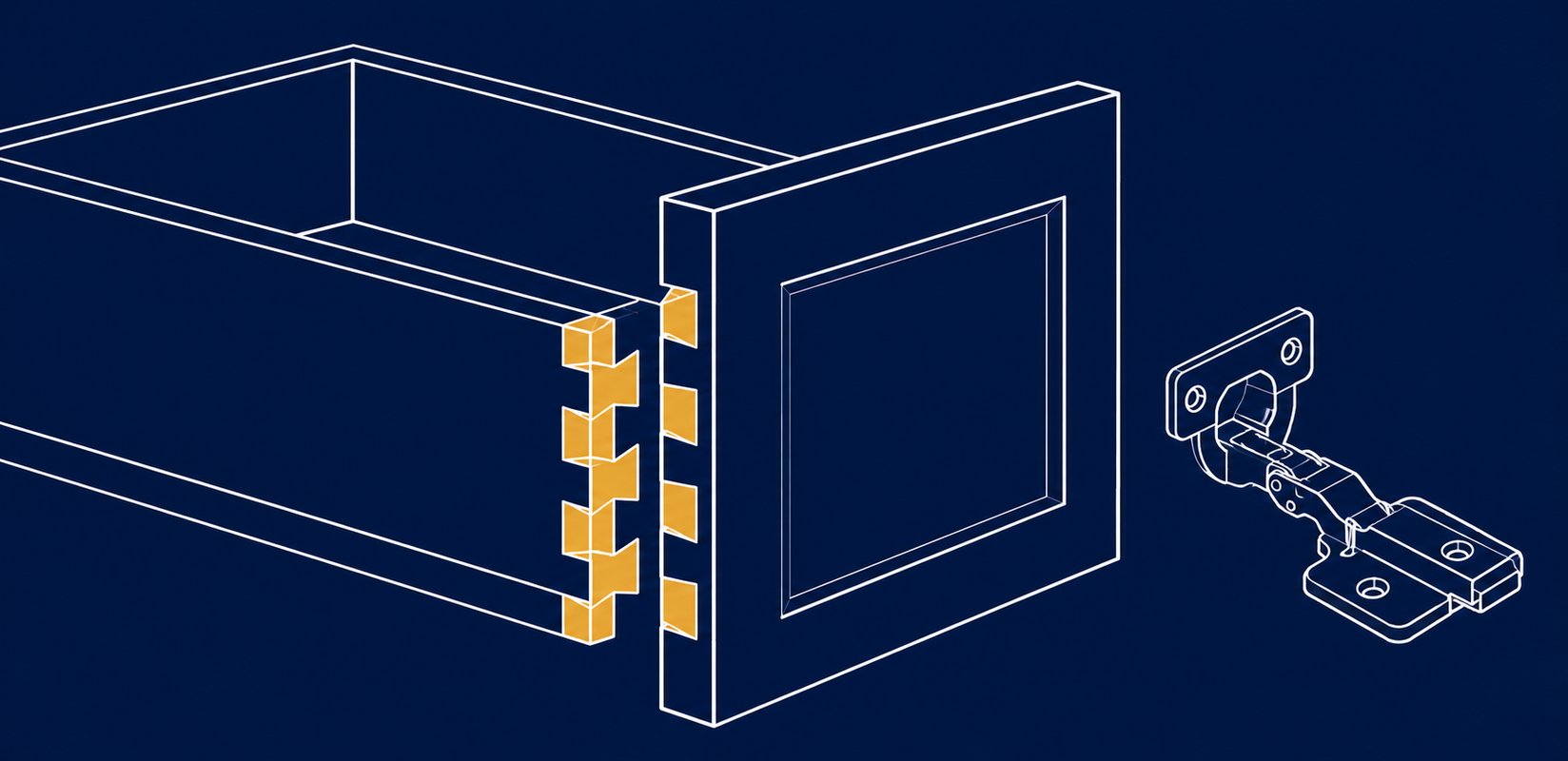 Close-up of dovetail drawer box construction detail on custom cabinetry